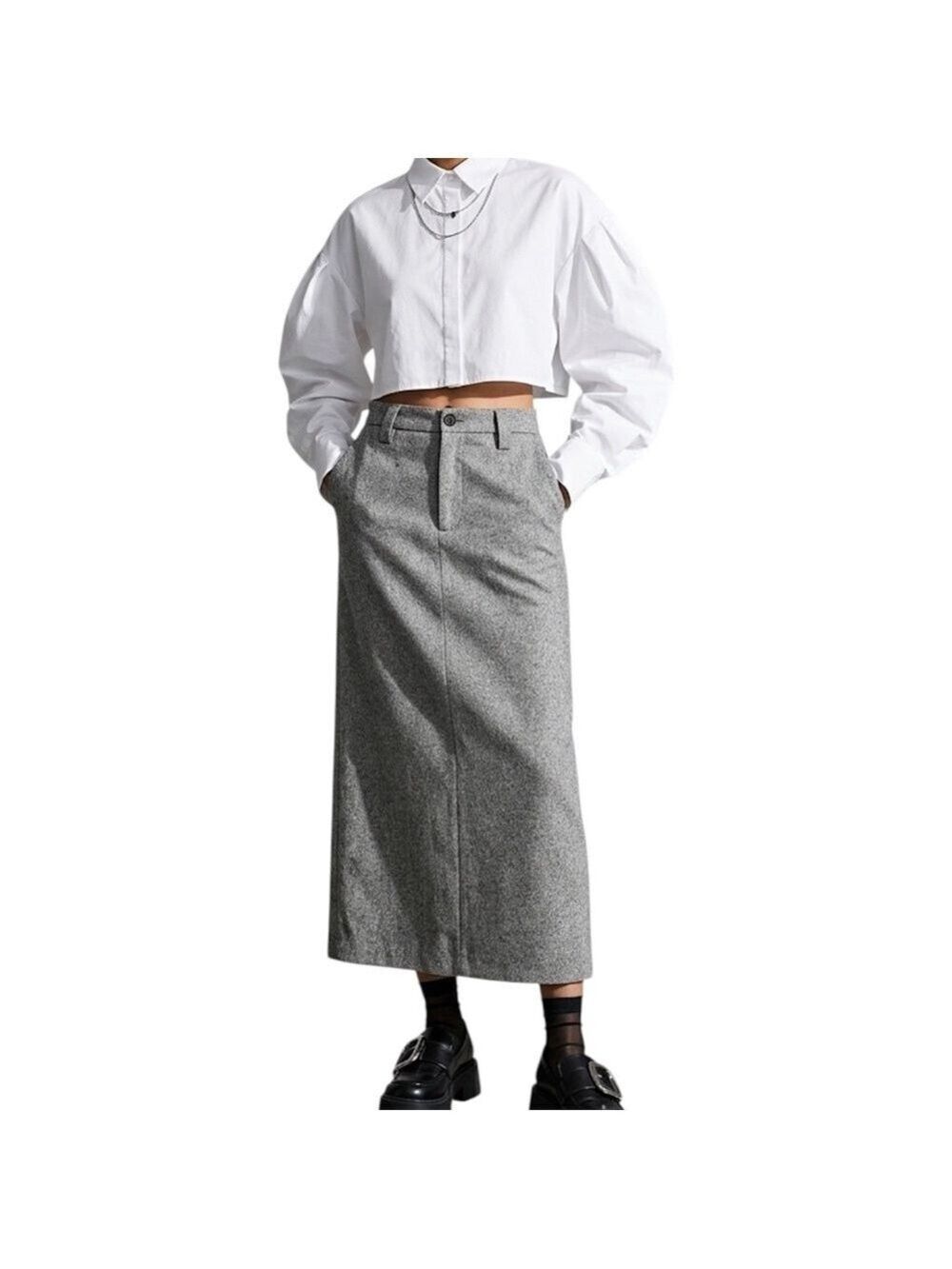 Vintage 90s minimalist wool blend black white straight tweed maxi skirt 6 - Picture 1 of 17